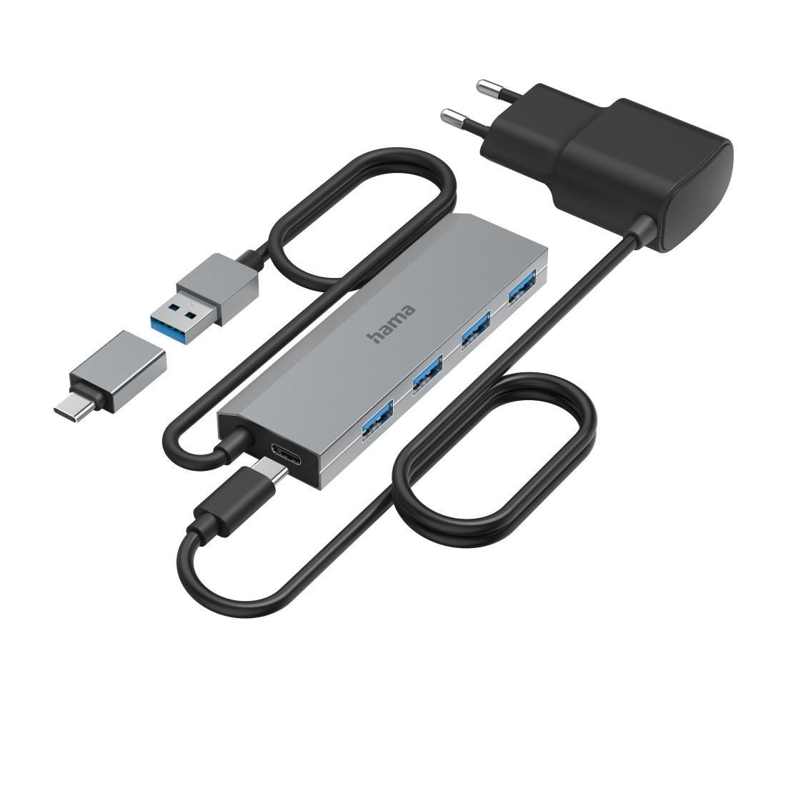 USB-Hub, 4 Ports, USB 3.2 Gen1, 5 Gbit/s, inkl. USB-C-Adapter und Netzteil (00200138)
