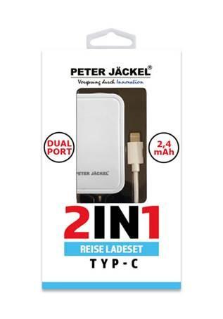 USB Travel Charger Set 2in1 Dual Port 2.4A Typ-C White KFZ-Ladegerät