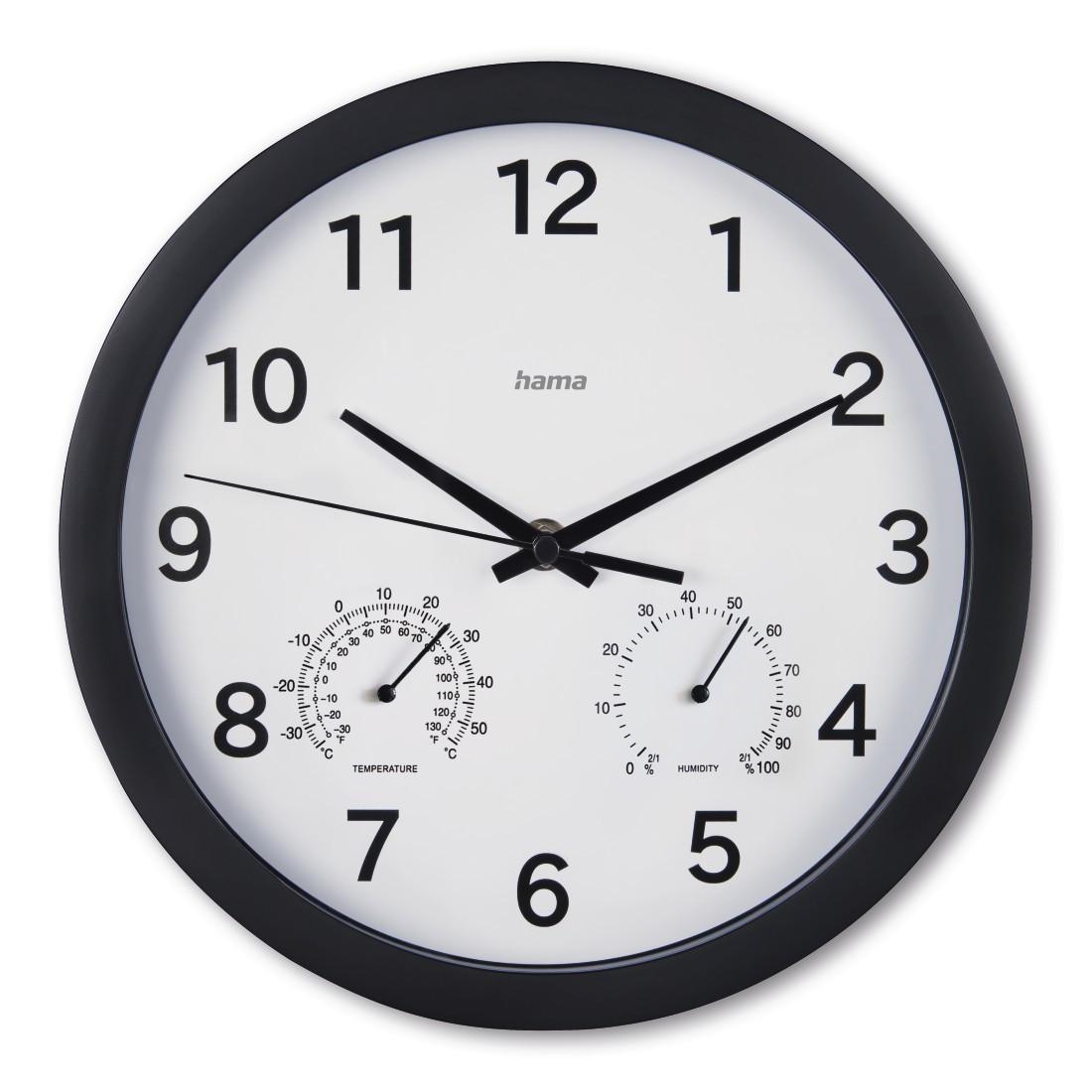 Wanduhr "Malta", Ø 25 cm, mit Thermo-/Hygrometer, ohne Ticken, Schwarz (00185868)
