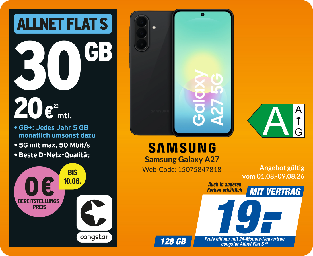 Samsung A27 mit Allnet Flat S für 19€!