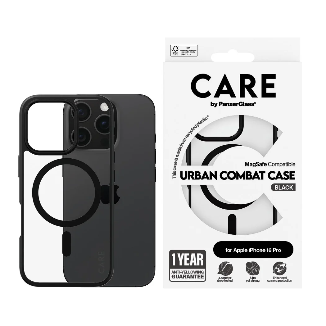 CARE by PanzerGlass Flagship Case Transparent Urban Combat m. Schwarz Rahmen & MagSafe iPhone 16 Pro