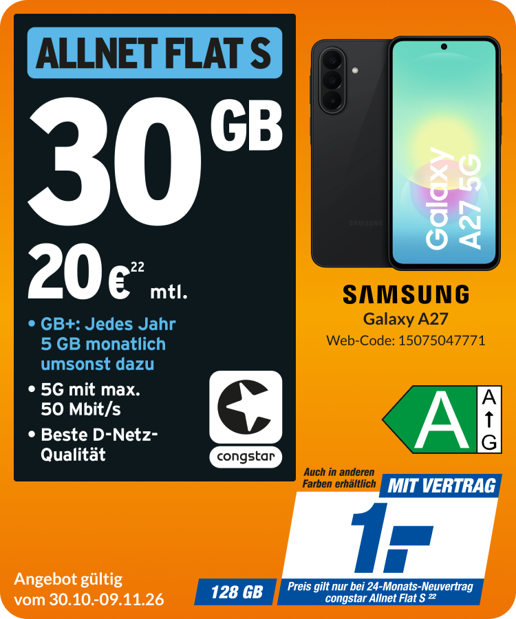 Samsung A27 mit Allnet Flat S für 1€!