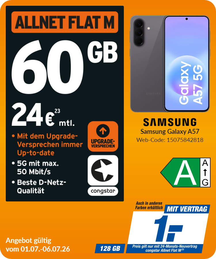 Samsung A57 mit Allnet Flat M für 1€!