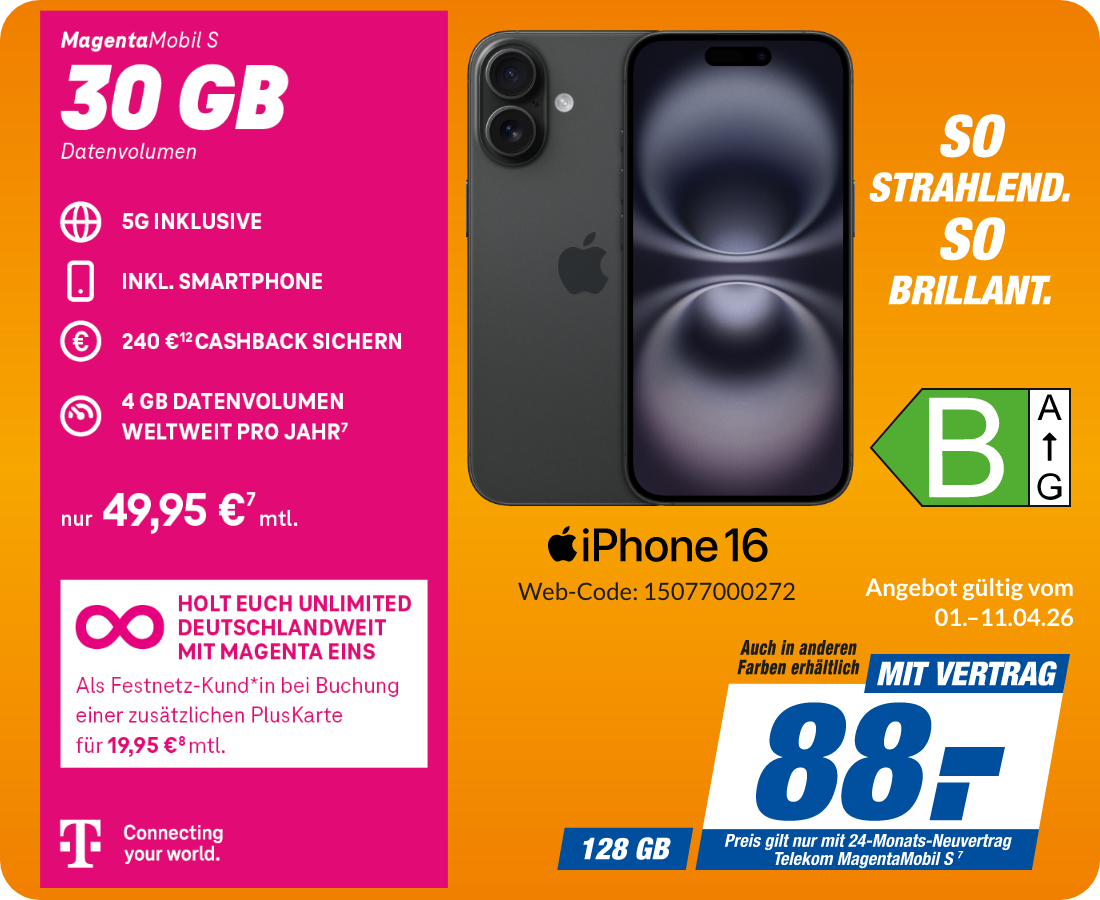 iPhone 16 mit Magenta Mobil S für 88€!