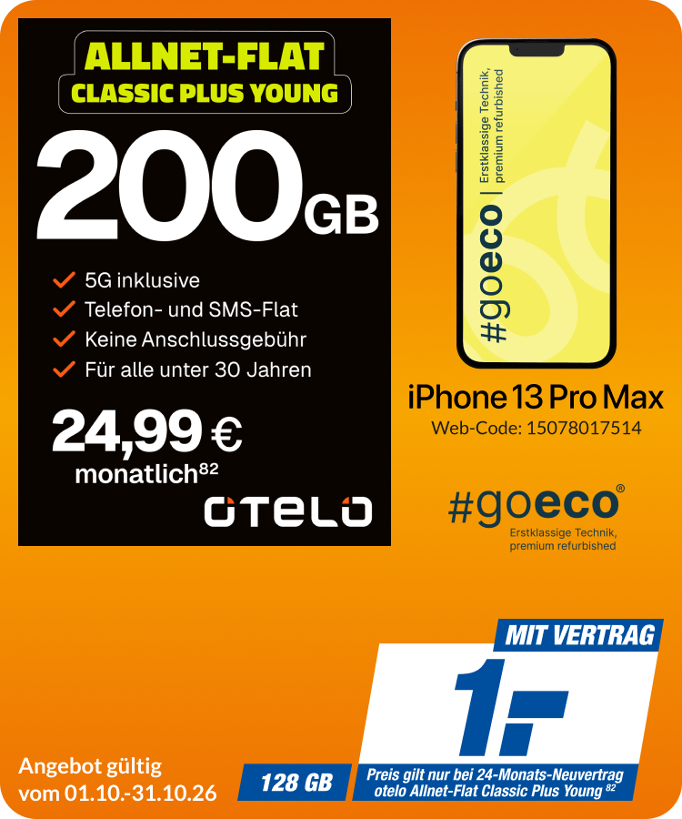  iPhone 13 Pro Max mit Allnet Flat Classic Plus Young für 1€!