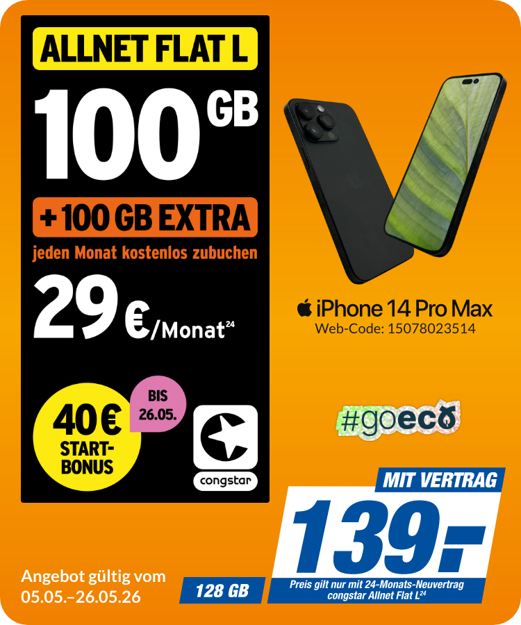 Apple iPhone 14 Pro Max mit Allnet Flat L für 139€!