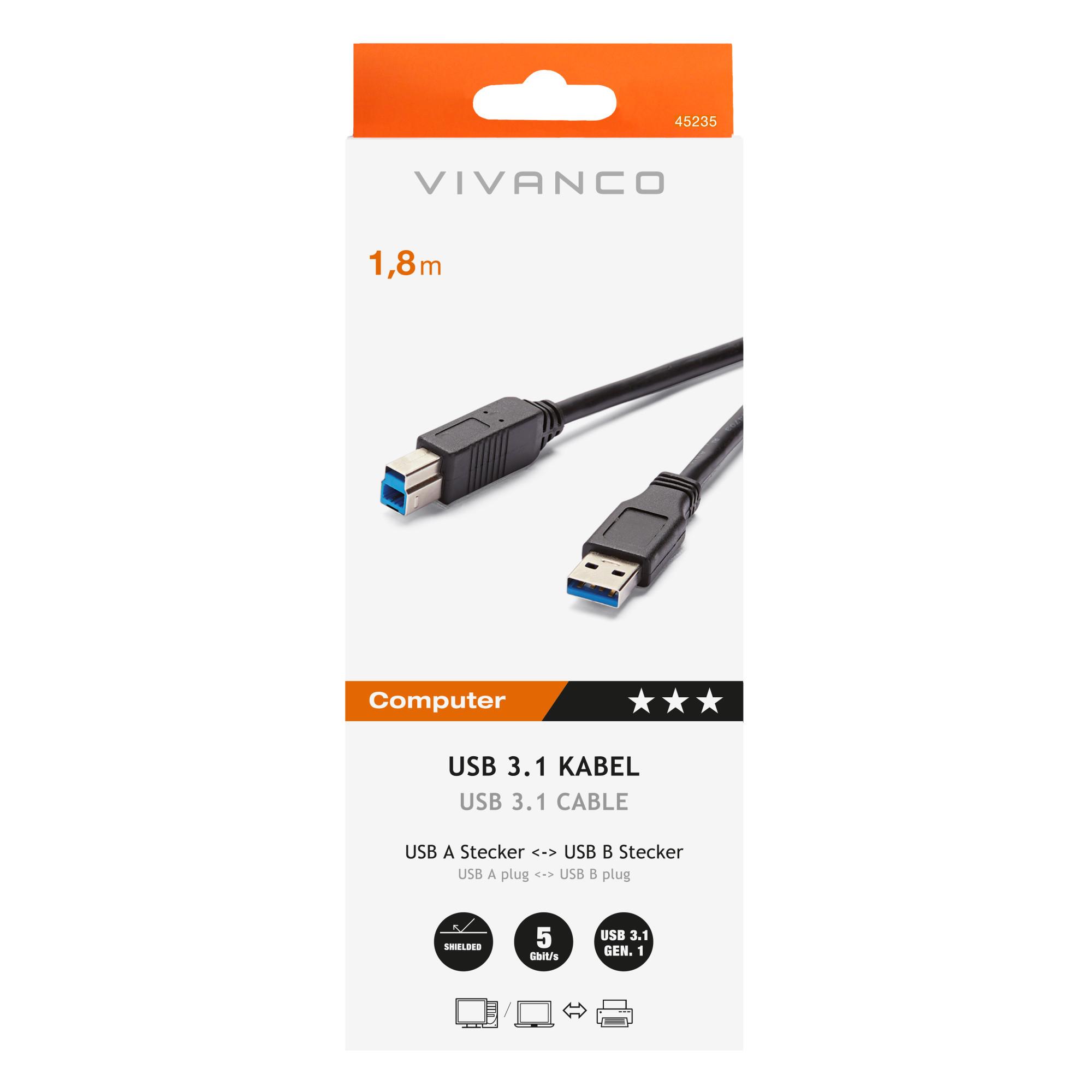 USB 3.1 Gen.1 Anschlusskabel, USB 3.1 Type A  USB 3.1 Type B, 1,8m (45235)