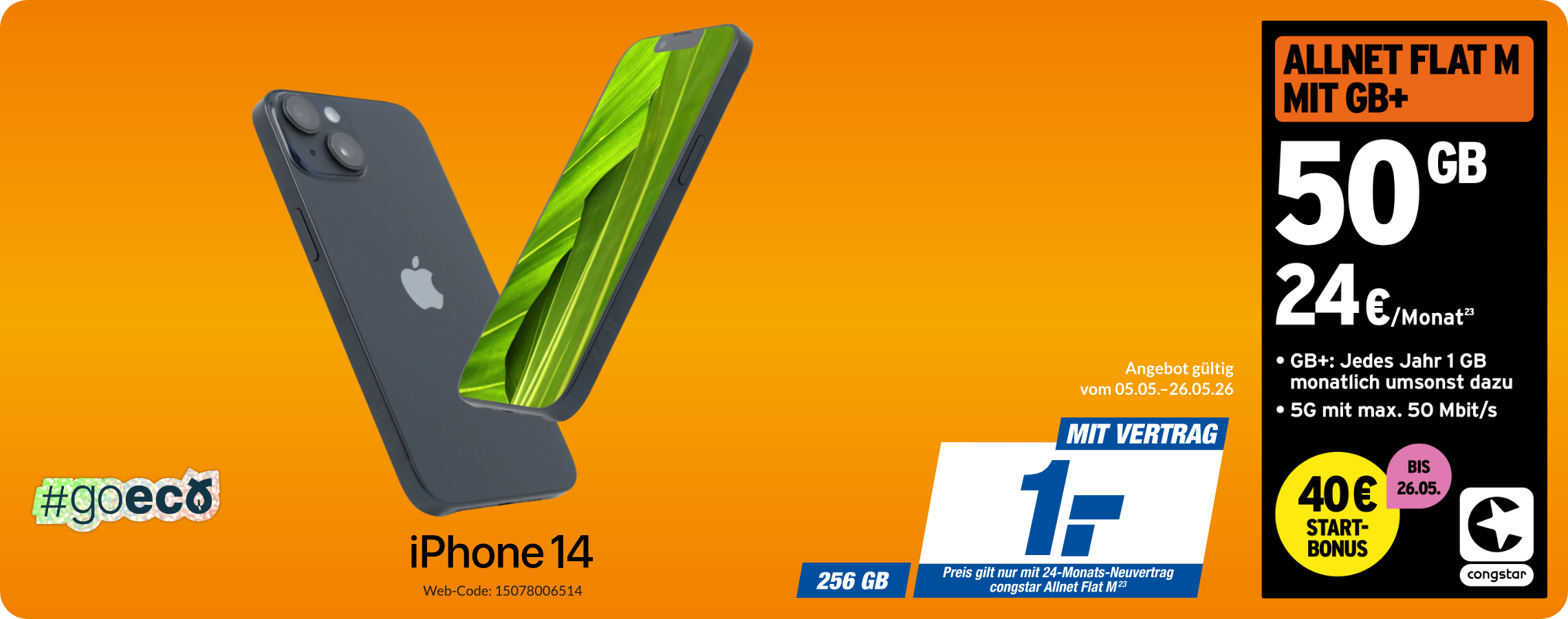 Apple iPhone 14 mit Allnet Flat M für 1€!