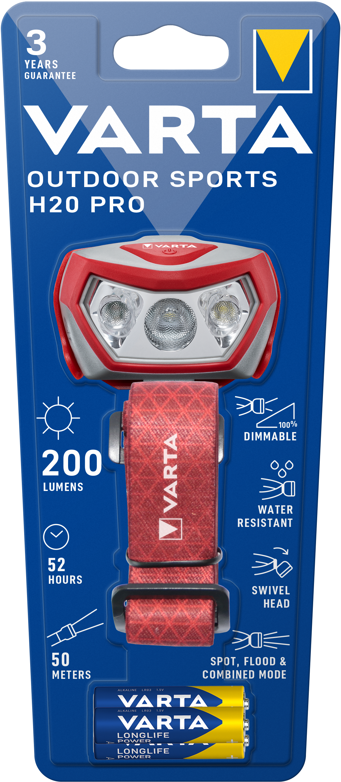 Outdoor Sports H20 Pro Kopfleuchte mit 3AAA Batterien rot
