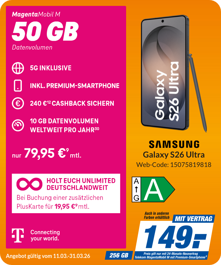 Samsung Galaxy S26 Ultra mit Magenta Mobil M für 149€!