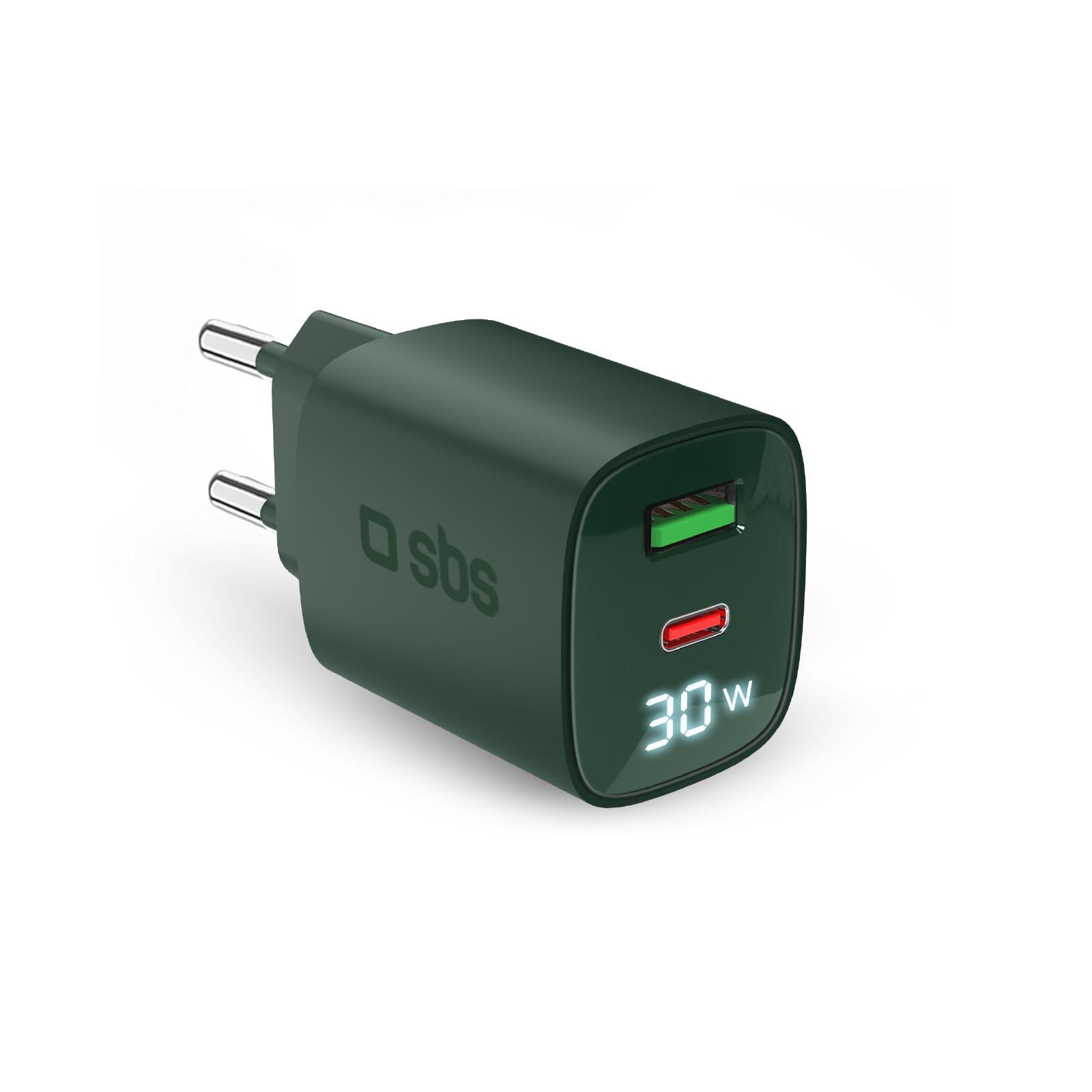 Wandladegerät mit LCD-Bildschirm, USB-C-PD-30W-Ausgang, USB-A-18W-Ausgang, Grün