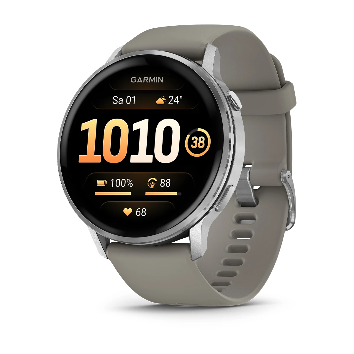 Venu 4 - 45 mm Schwarz/Silber mit Schnellwechsel-Silikon-Armband 22 mm Grau Smartwatch