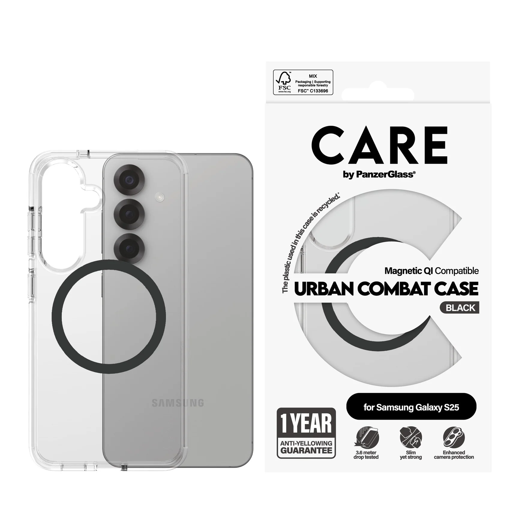 CARE by PanzerGlass® Flagship Case Transparent Urban Combat m. Schwarz Qi Samsung Galaxy S25