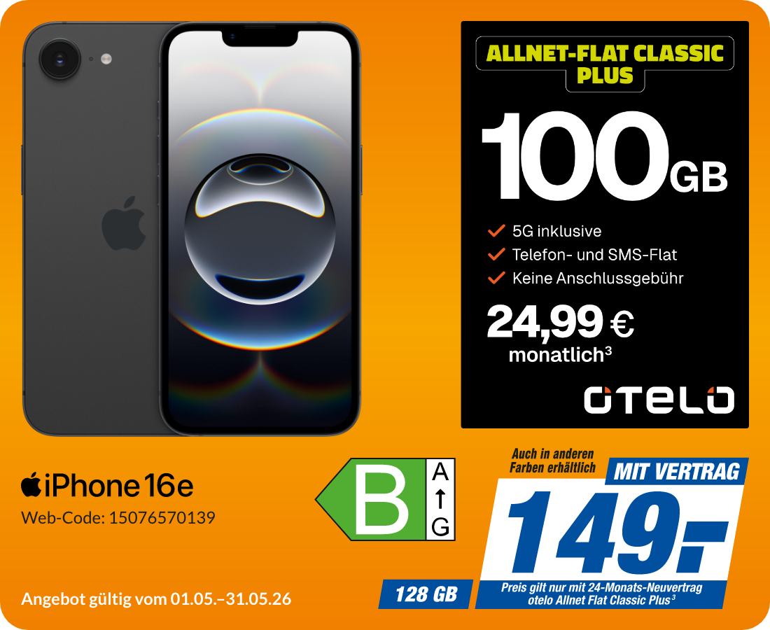 Apple iPhone 16e mit Allnet Flat Classic Plus für 149€!