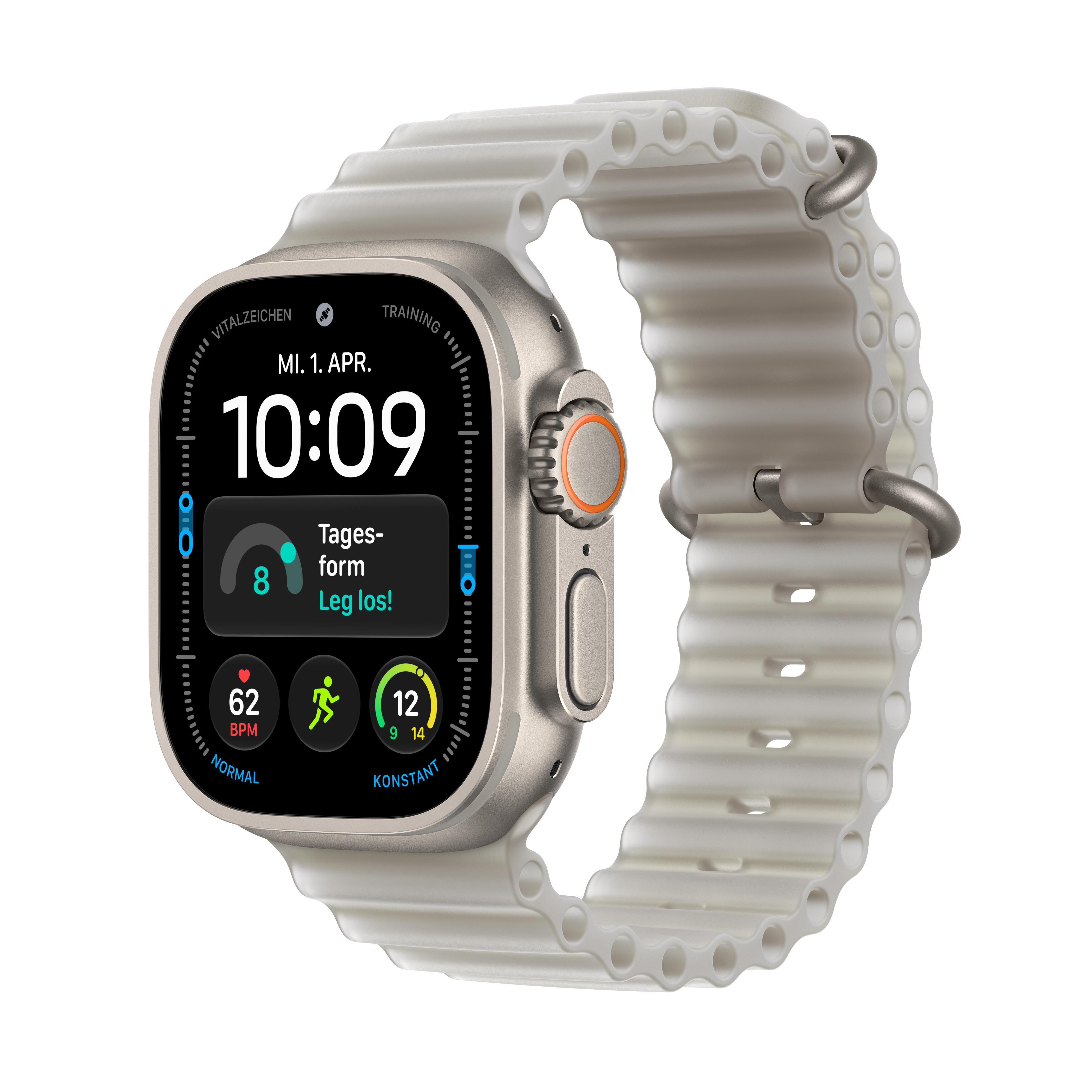 Watch Ultra 4, GPS + Cellular, 49mm, Natur Titaniumgehäuse mit Halbtransparentem Grau Ozean Armband Smartwatch