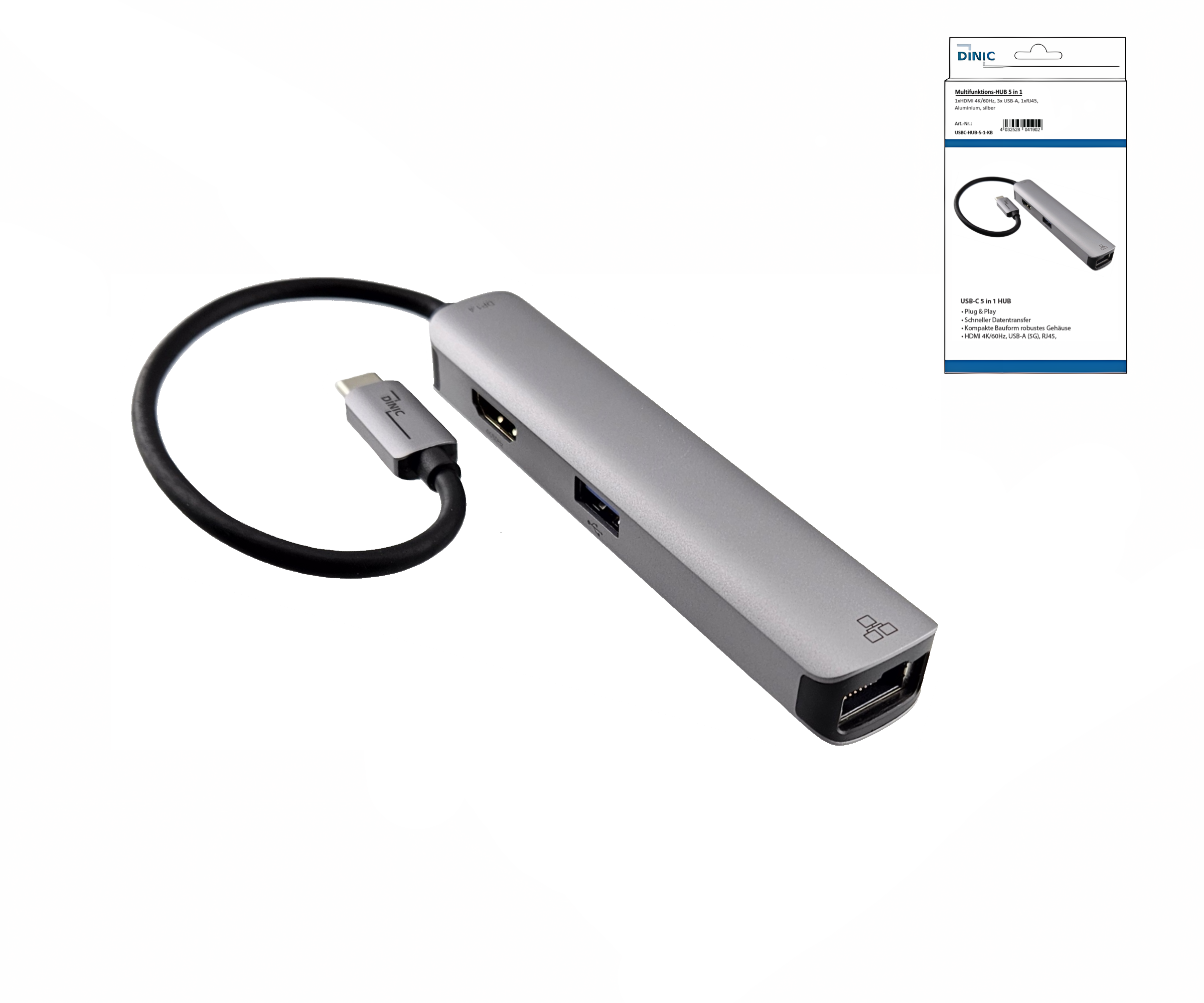 USB-C 5-in-1-Dockingstation: HDMI 4K/60Hz, RJ45, 3x USB-A (5G), Aluminium, silber