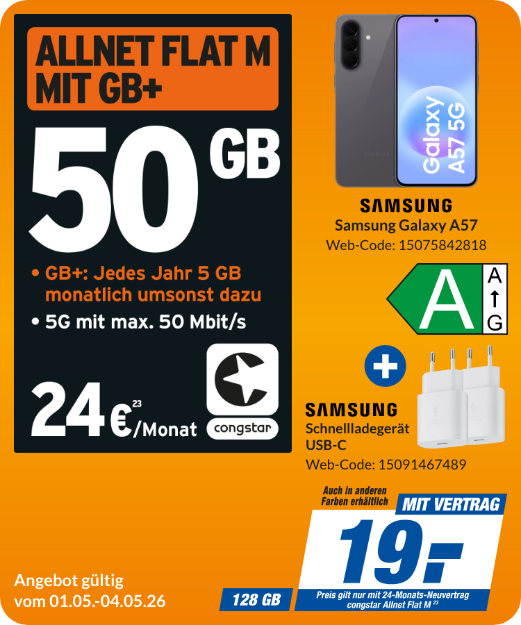 Galaxy A57 + Adapter mit Allnet Flat M für 19€!