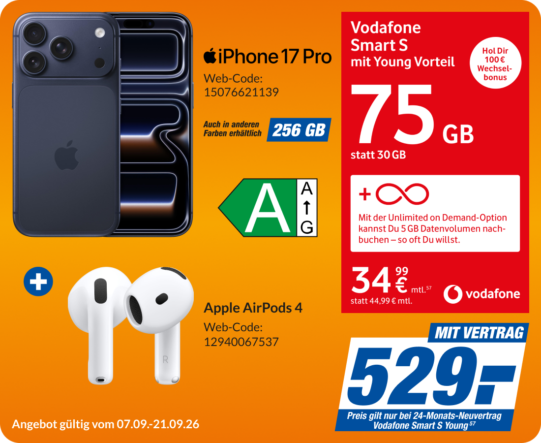 iPhone 17 Pro + AirPods 4 mit Smart S Young für 529€!