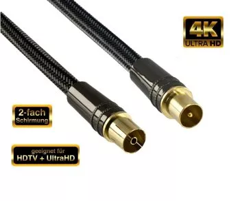 Premium Antennenkabel Stecker auf Buchse, HD TV, Ultra HD, 24k vergoldete Stecker, schwarz, 1 Meter