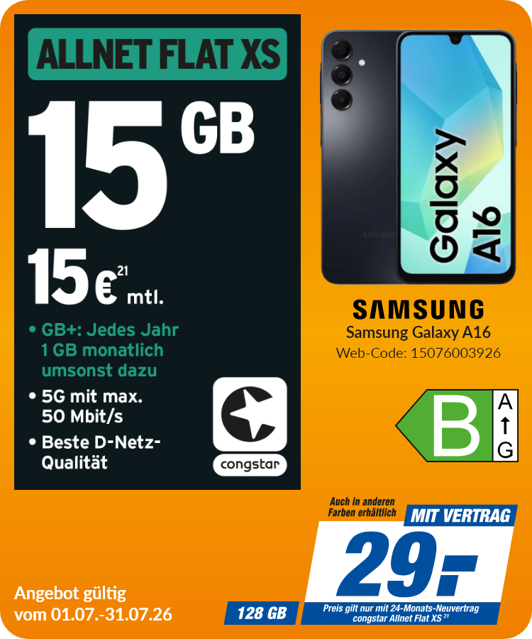 Samsung A16 mit Allnet Flat XS für 29€!