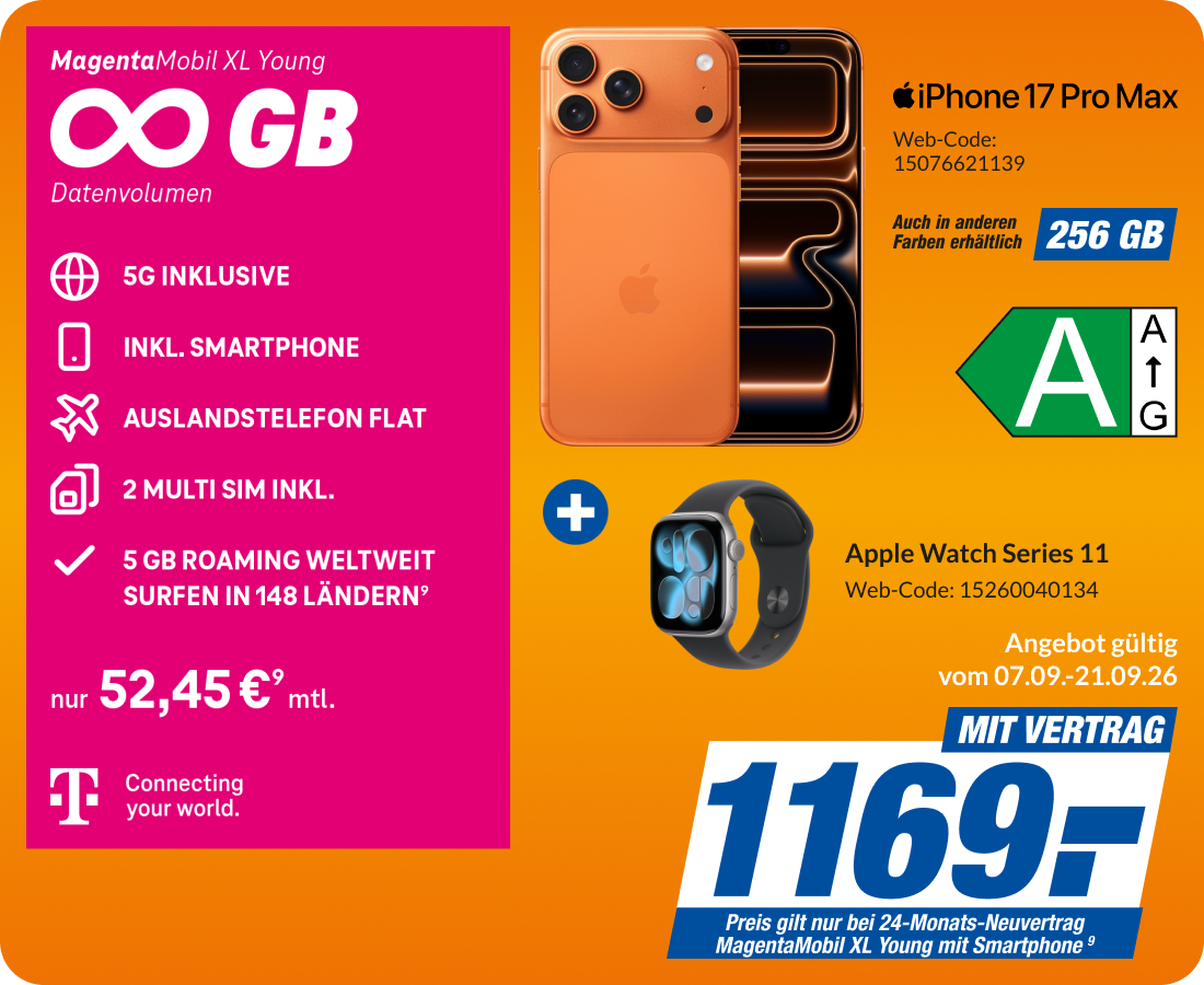 iPhone 17 Pro Max + Apple Watch Series 11 mit Magenta Mobil XL Young für 1169€