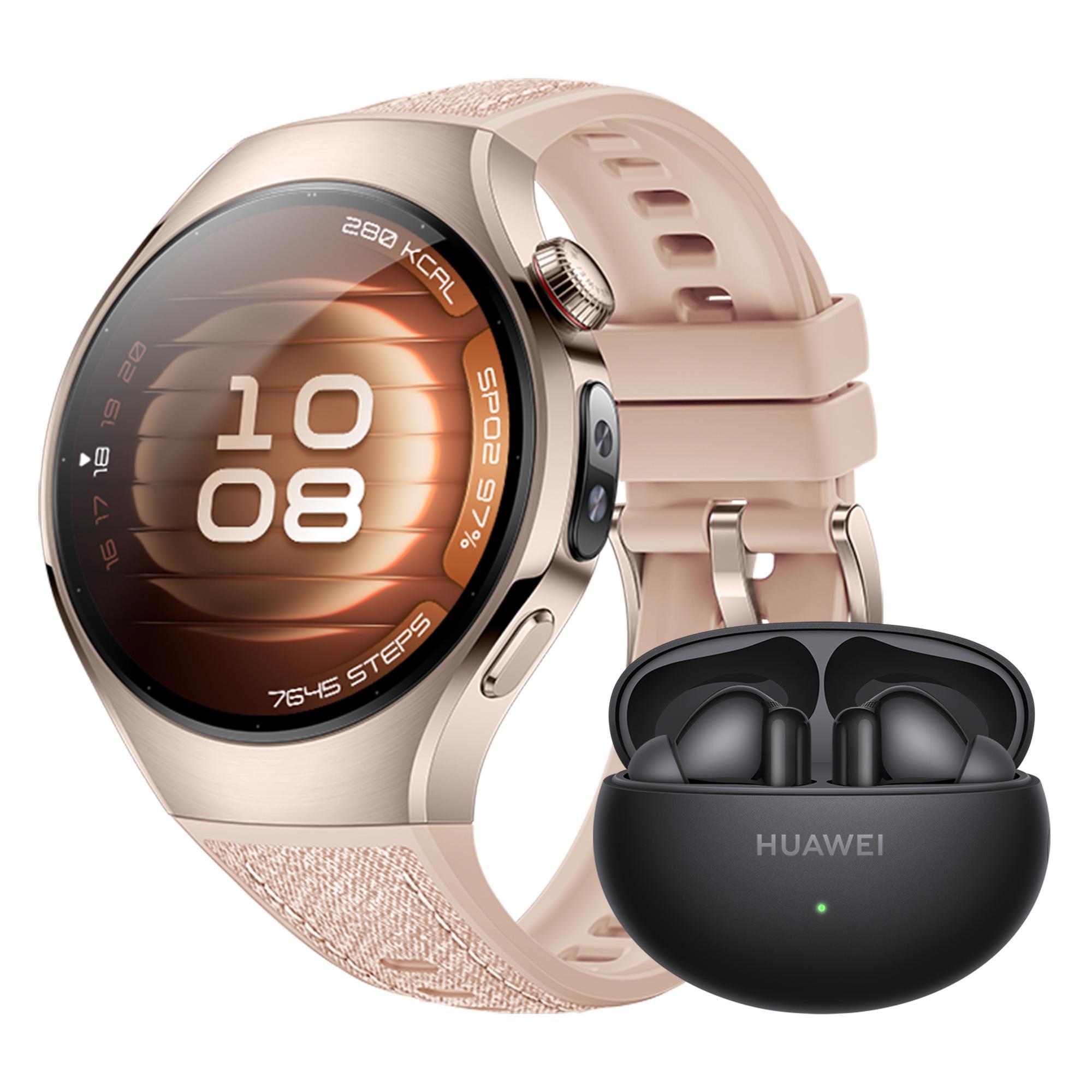 Watch 5, 42 mm, Sandgoldenes 904L Edelstahlgehäuse mit beigem Kompositarmband + FreeBuds 6i