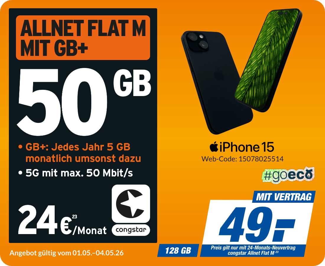 Apple iPhone 15 mit Allnet Flat M für 49€!