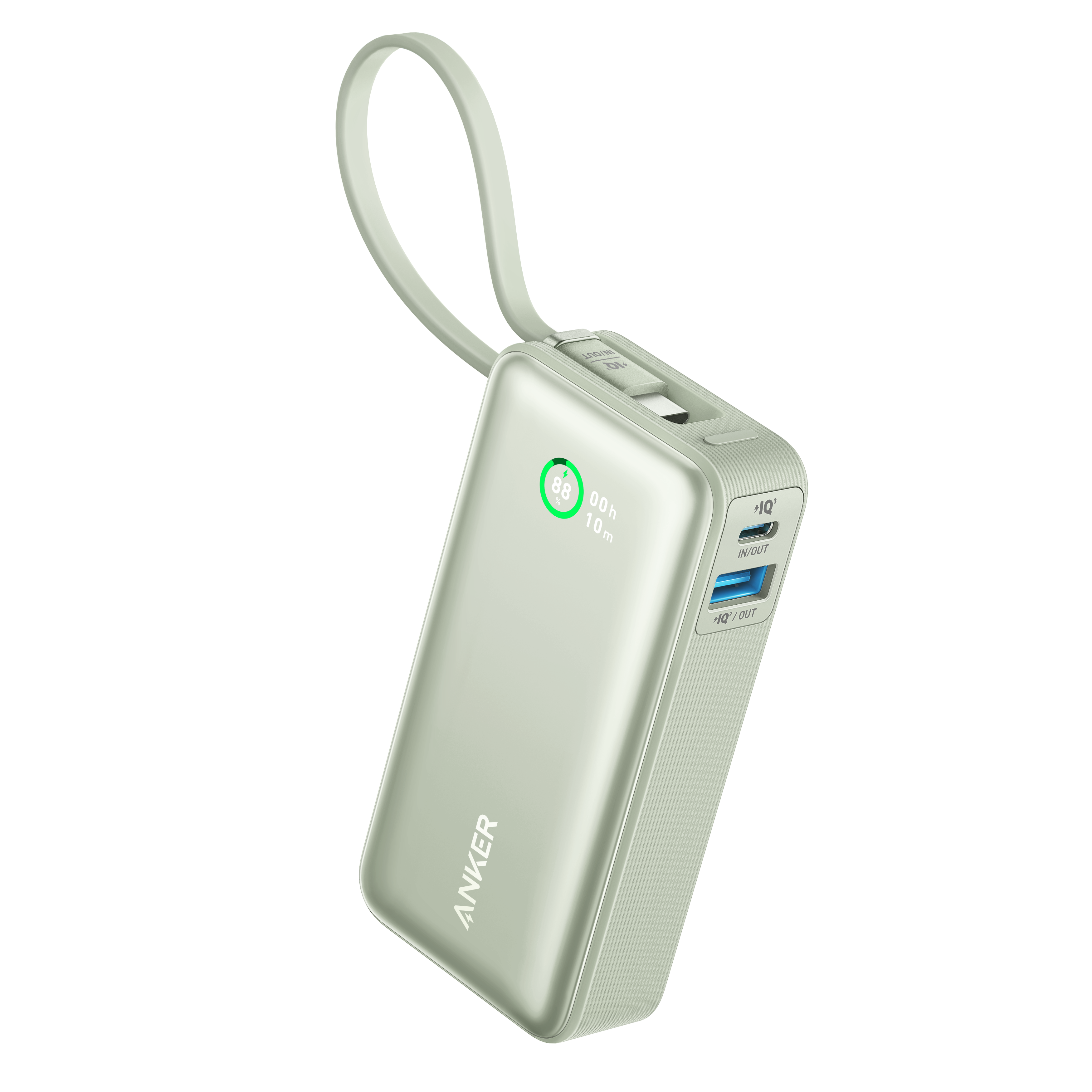 Nano Powerbank (10.000mAh, 30W, Integriertes USB-C Kabel), Grün