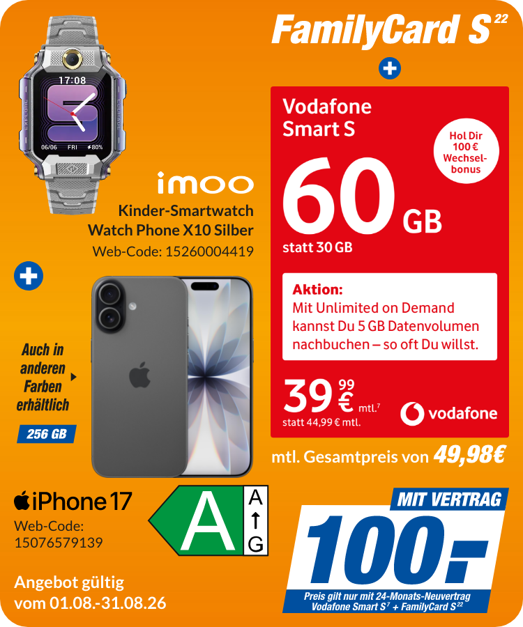 iPhone 17 + Imoo X10 mit Smart S + FamilyCard S für 100€!