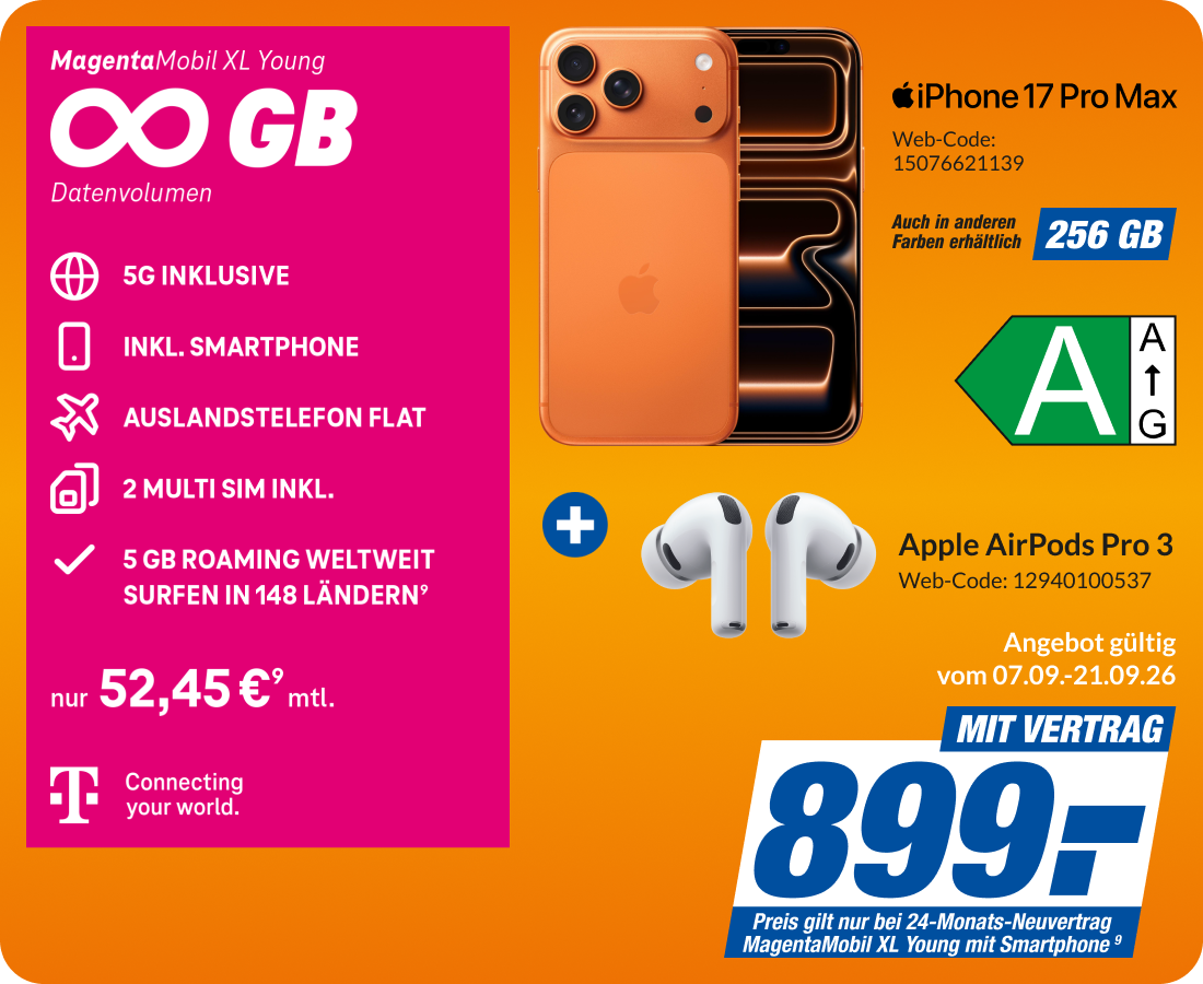 iPhone 17 Pro Max + Air Pods 3 mit Magenta Mobil XL Young für 899€