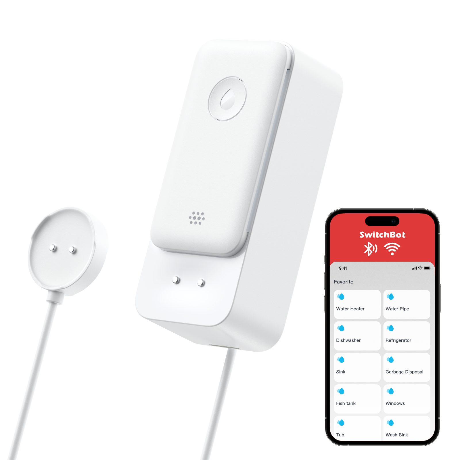 WLAN Wassermelder mit Sensorkabel, Alarm- & App-Benachrichtigung, Weiß