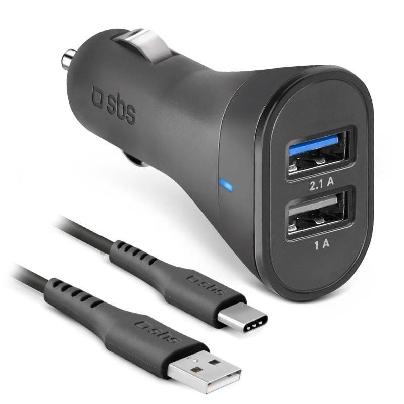Autoladegerät mit USB-C-Kabel, USB-A, 10 W, 2,1 A, 1 m, Schwarz