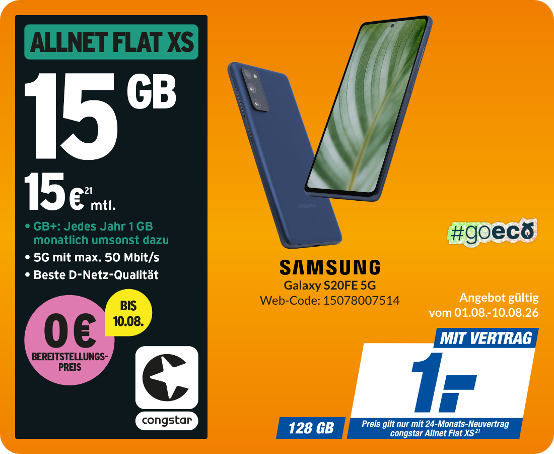 Samsung S20 mit Allnet Flat XS für 1€!
