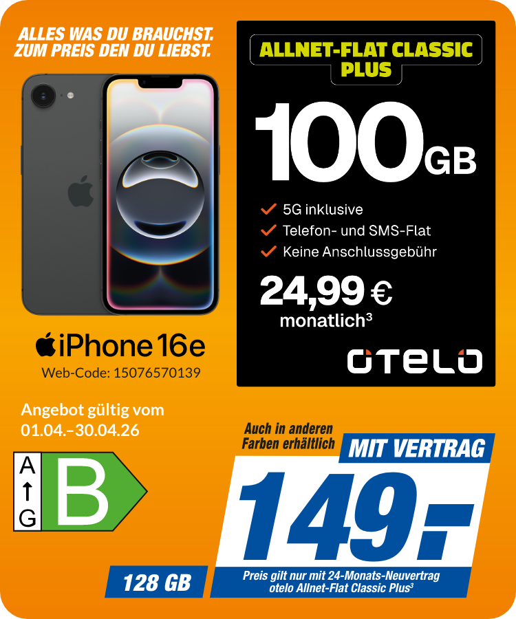 Apple iPhone 16e mit Allnet Flat Classic Plus für 149€!