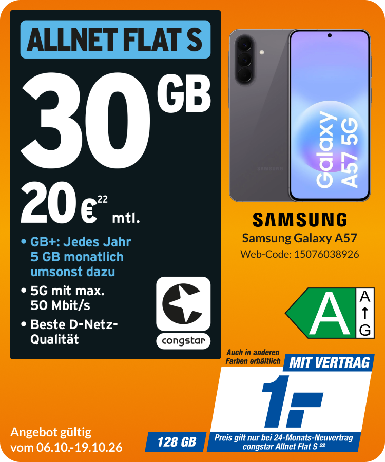 Samsung Galaxy A57 mit Allnet Flat S für 1€!
