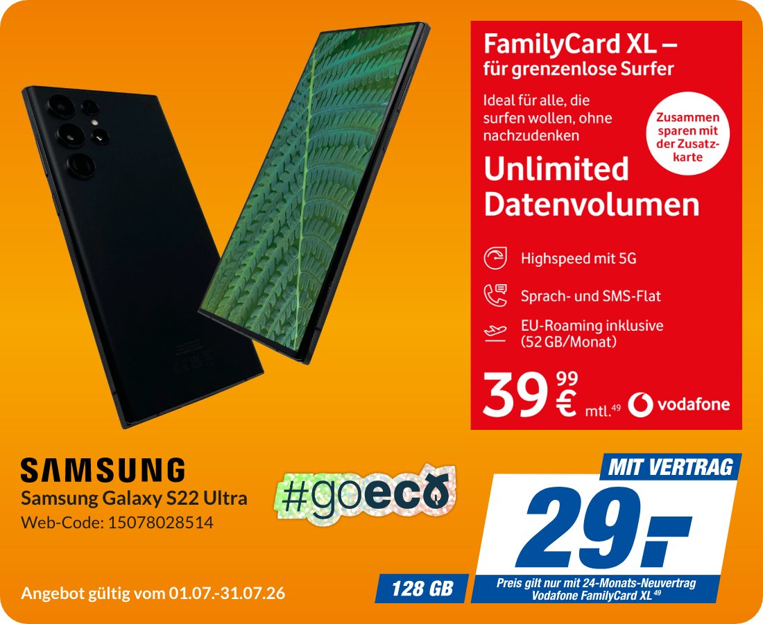 Galaxy S22 Ultra mit FamilyCard XL für 29€!