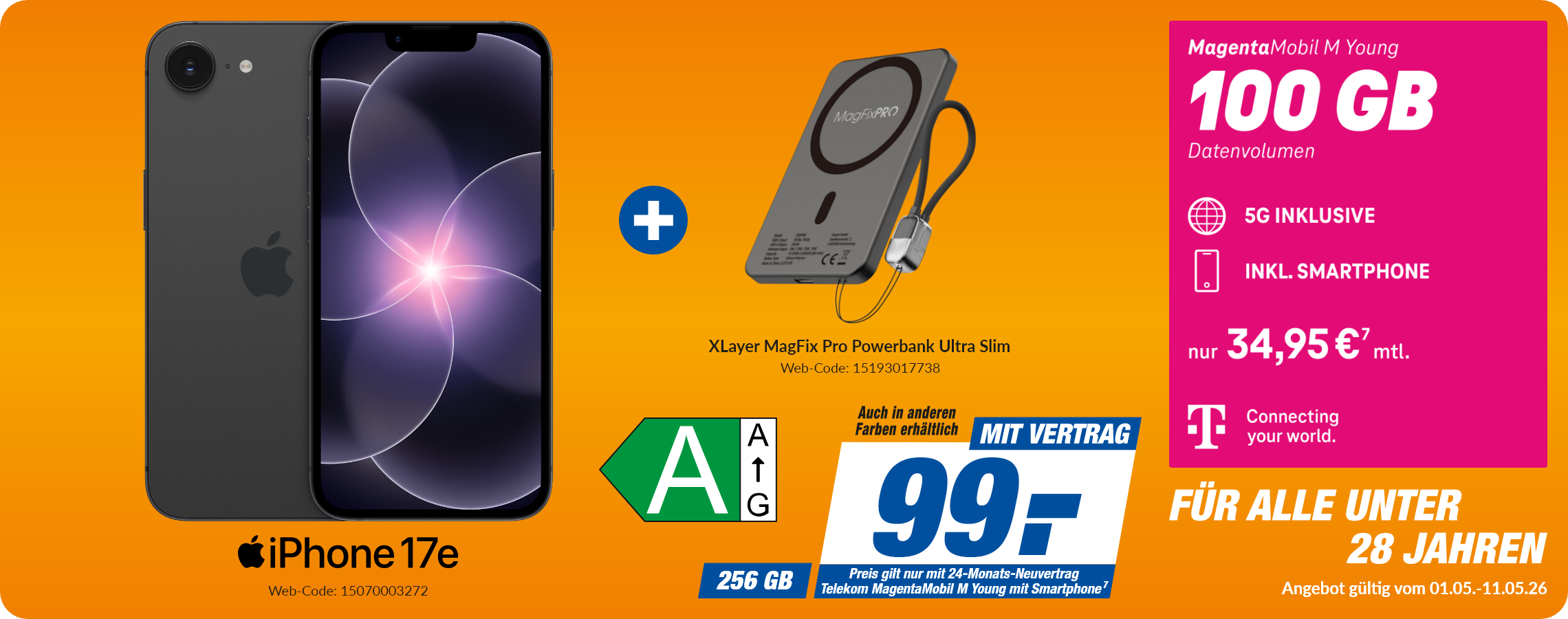 Apple iPhone 17e + Powerbank mit Magenta Mobil M Young für 99€!
