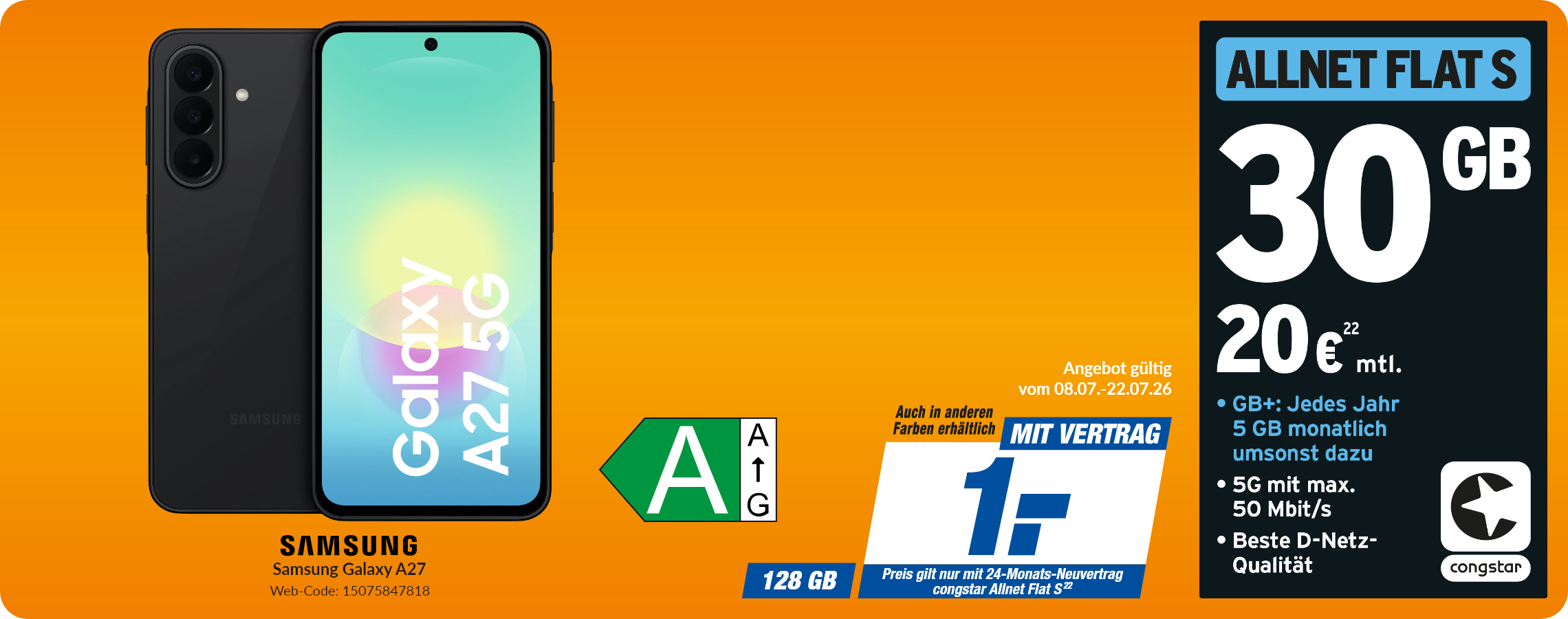 Samsung A27 mit Allnet Flat S für 1€!