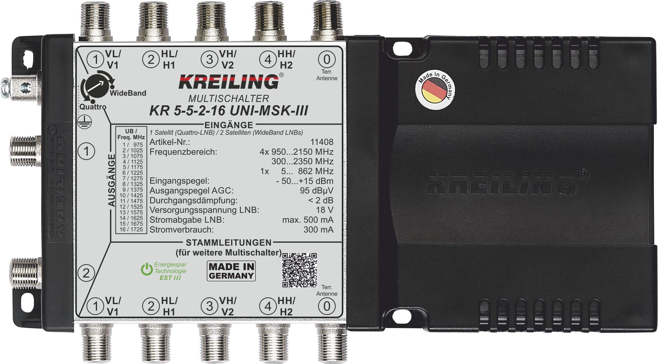 KR 5-5-2-16 UNI-MSK-III Kaskadierbarer unicable Multischalter mit 2 Ausgängen und Netzteil