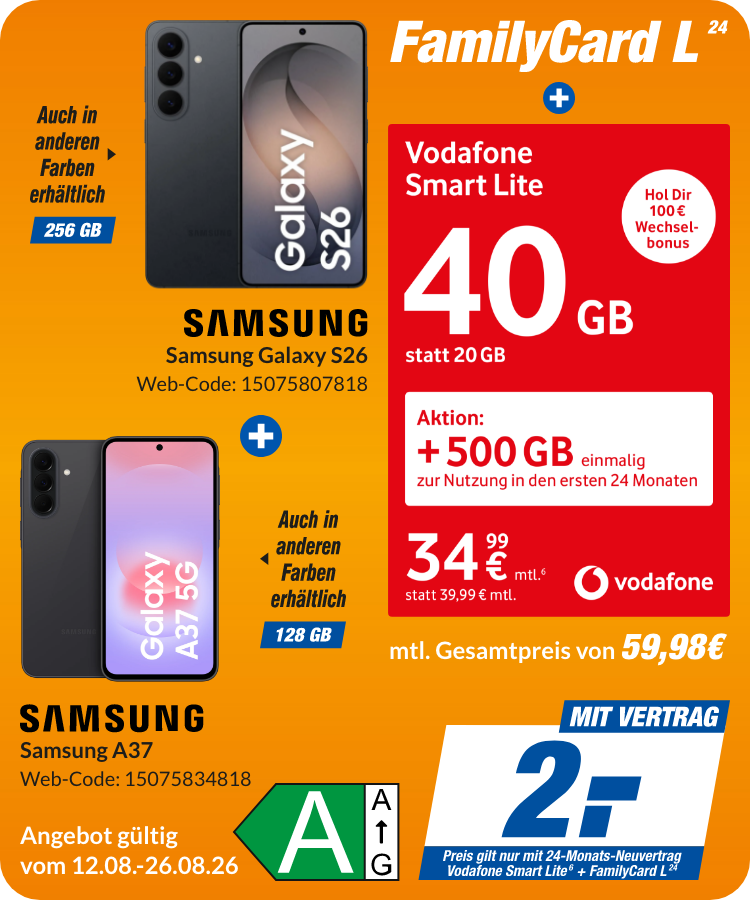 Galaxy S26 + Samsung A37 mit Smart Lite + FamilyCard L für 2€!