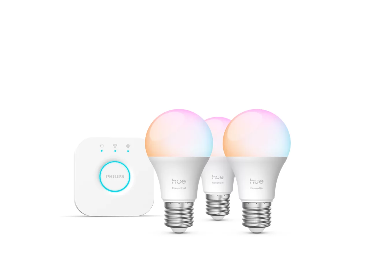 Basis Starter-Set: 3 smarte Lampen E27 (806 lm) + Philips Hue Bridge