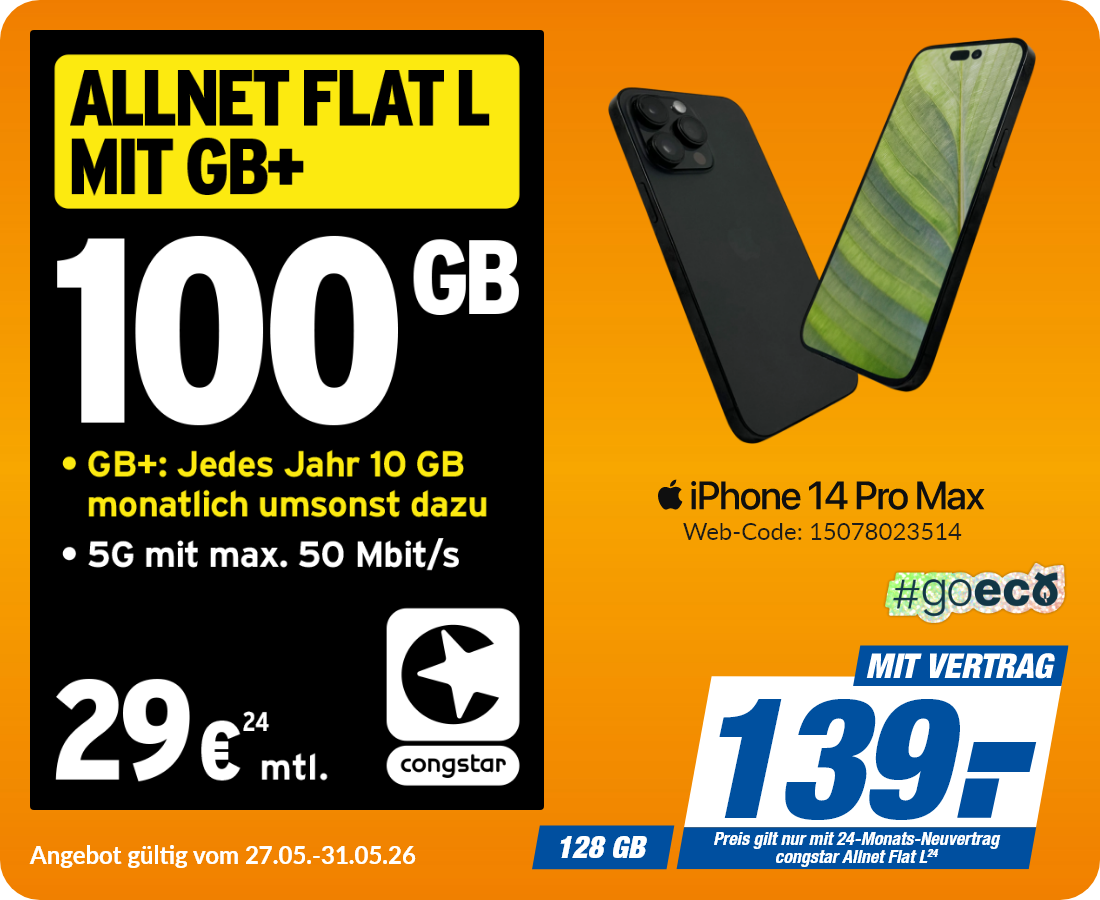 Apple iPhone 14 Pro Max mit Allnet Flat L für 139€!