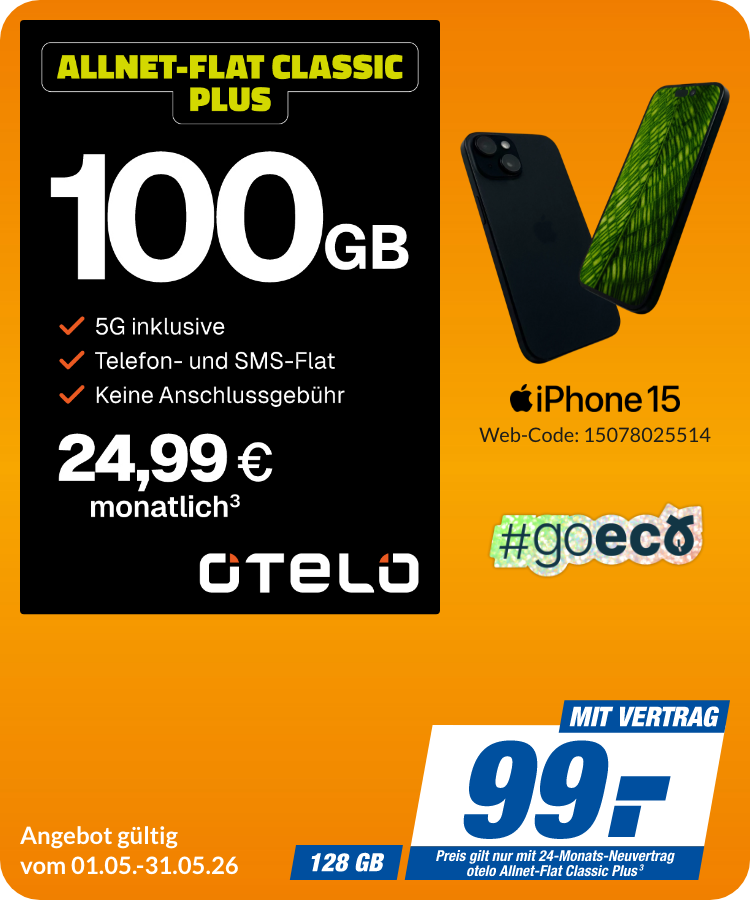 Apple iPhone 15 mit Allnet Flat Classic Plus für 99€!