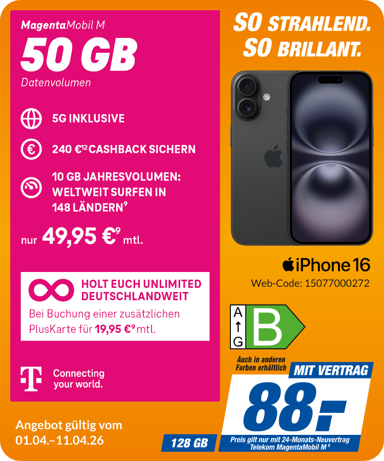 Apple iPhone 16 mit Magenta Mobil M für 88€!