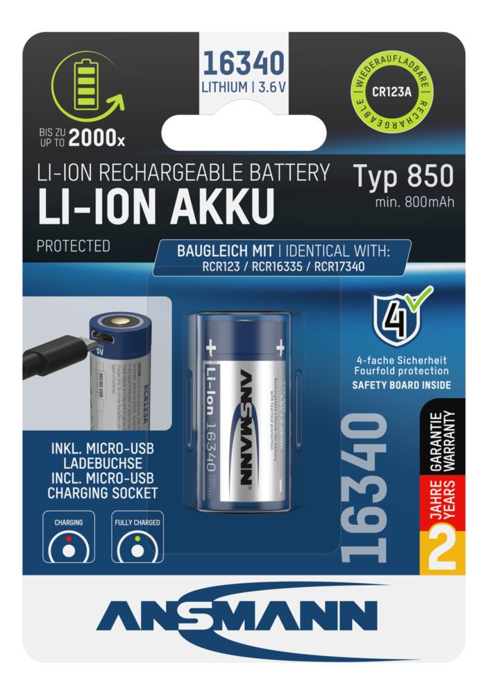 Li-Ion Akku 16340 / RCR123 850 mAh mit Micro-USB Ladebuchse