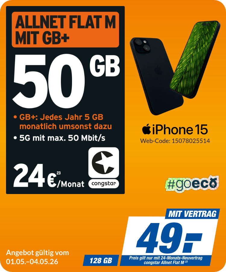 Apple iPhone 15 mit Allnet Flat M für 49€!