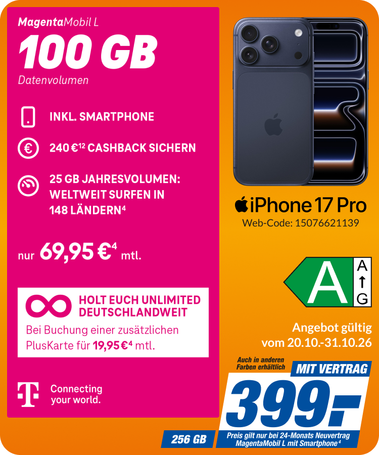Apple iPhone 17 Pro mit Magenta Mobil L für 399€