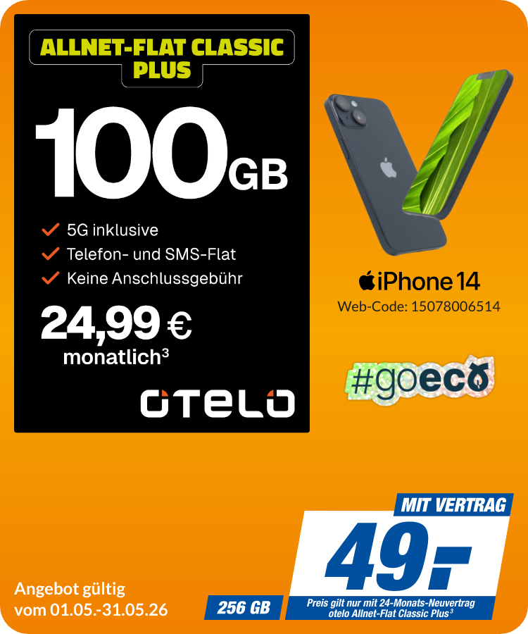 Apple iPhone 14 mit Allnet Flat Classic Plus für 49€!