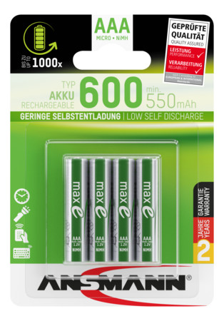 NiMH Akku Micro AAA Typ 600 (min. 550 mAh) maxE 4er Blister Akku
