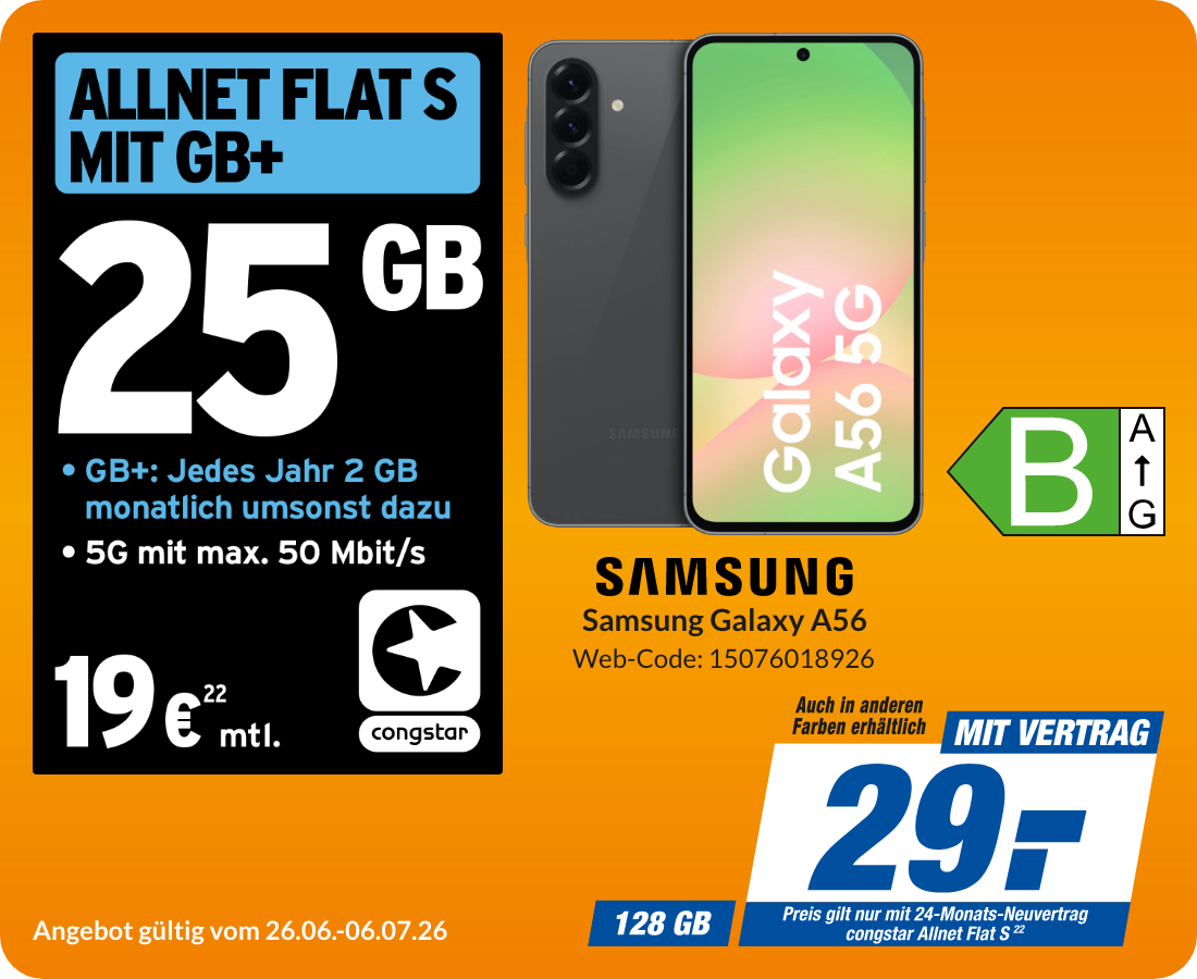 Samsung A56 mit Allnet Flat S für 29€!